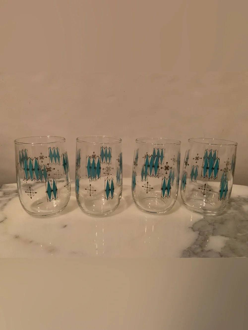 Vintage Mid-Century Modern Atomic Teal & Black Geometric Juice Glasses Set Of 4